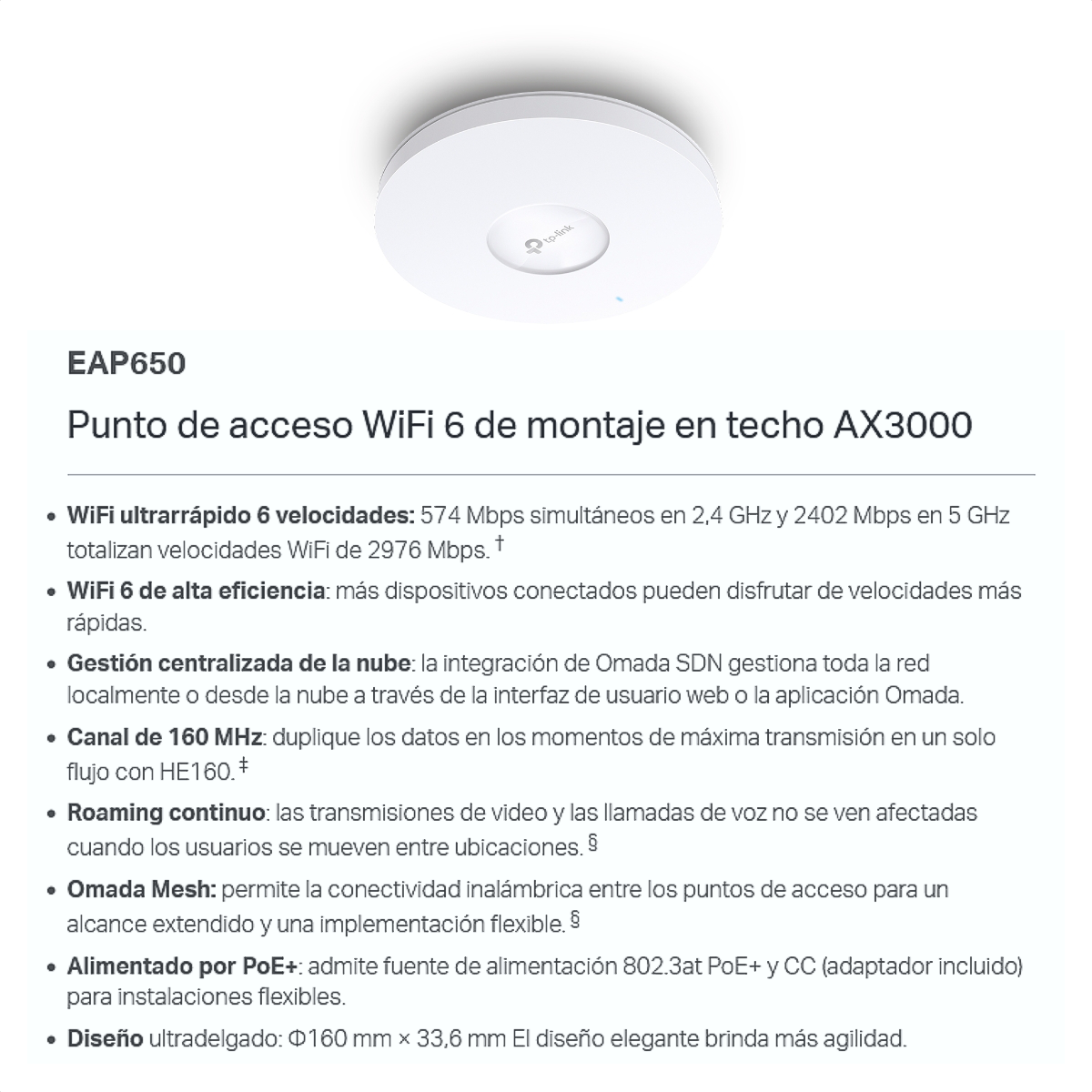 Access Point De Techo Wi-Fi 6 TP-Link EAP650 AX3000 con PoE+, Mesh y Seguridad WPA3