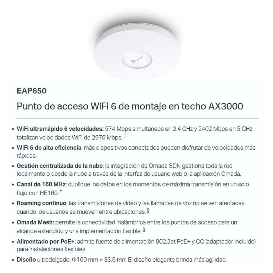 Access Point De Techo Wi-Fi 6 TP-Link EAP650 AX3000 con PoE+, Mesh y Seguridad WPA3