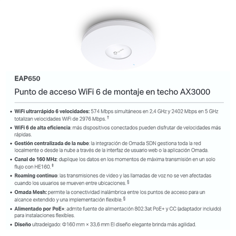 Access Point De Techo Wi-Fi 6 TP-Link EAP650 AX3000 con PoE+, Mesh y Seguridad WPA3