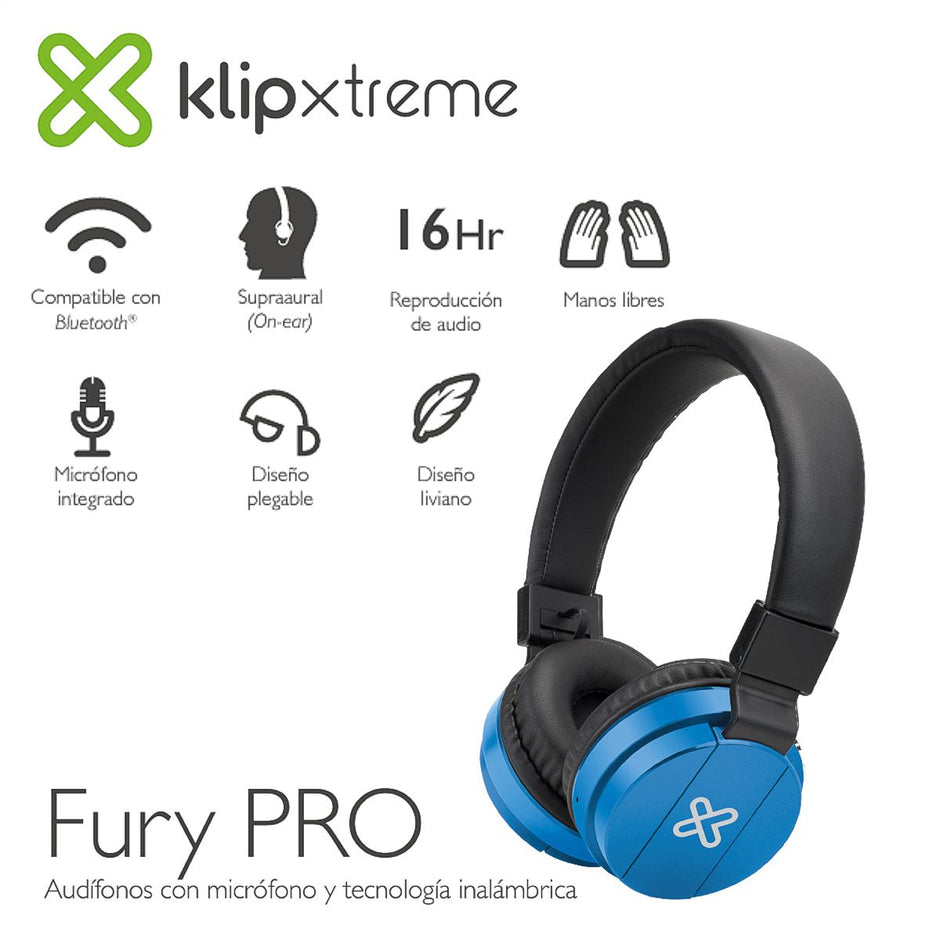 Diadema Inalámbrica Bluetooth Klip Xtreme Fury Pro KWH-001 con Micrófono Azul