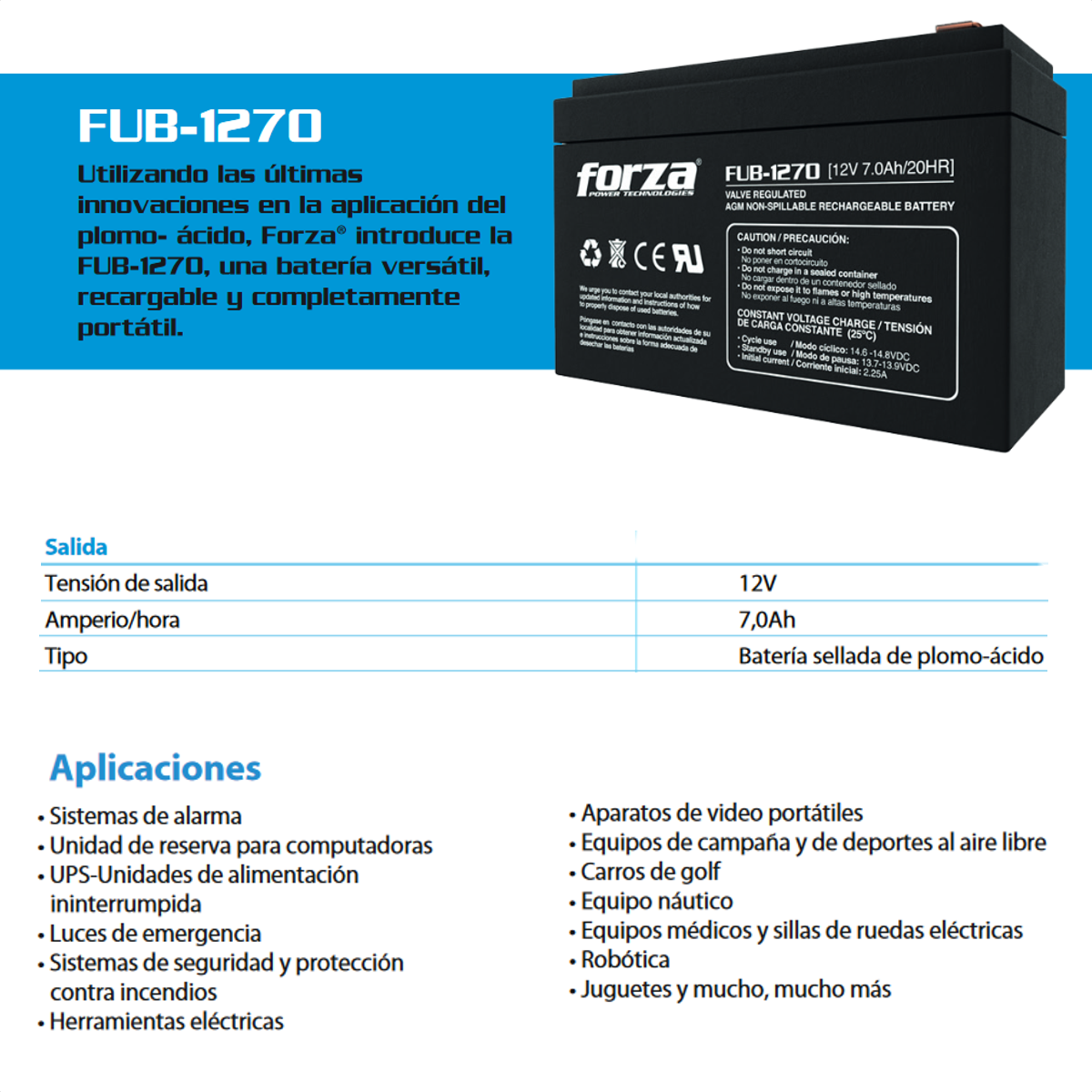 Batería Recargable 12V 7Ah Forza FUB-1270 AGM Sellada para UPS Alarmas y Sistemas de Seguridad