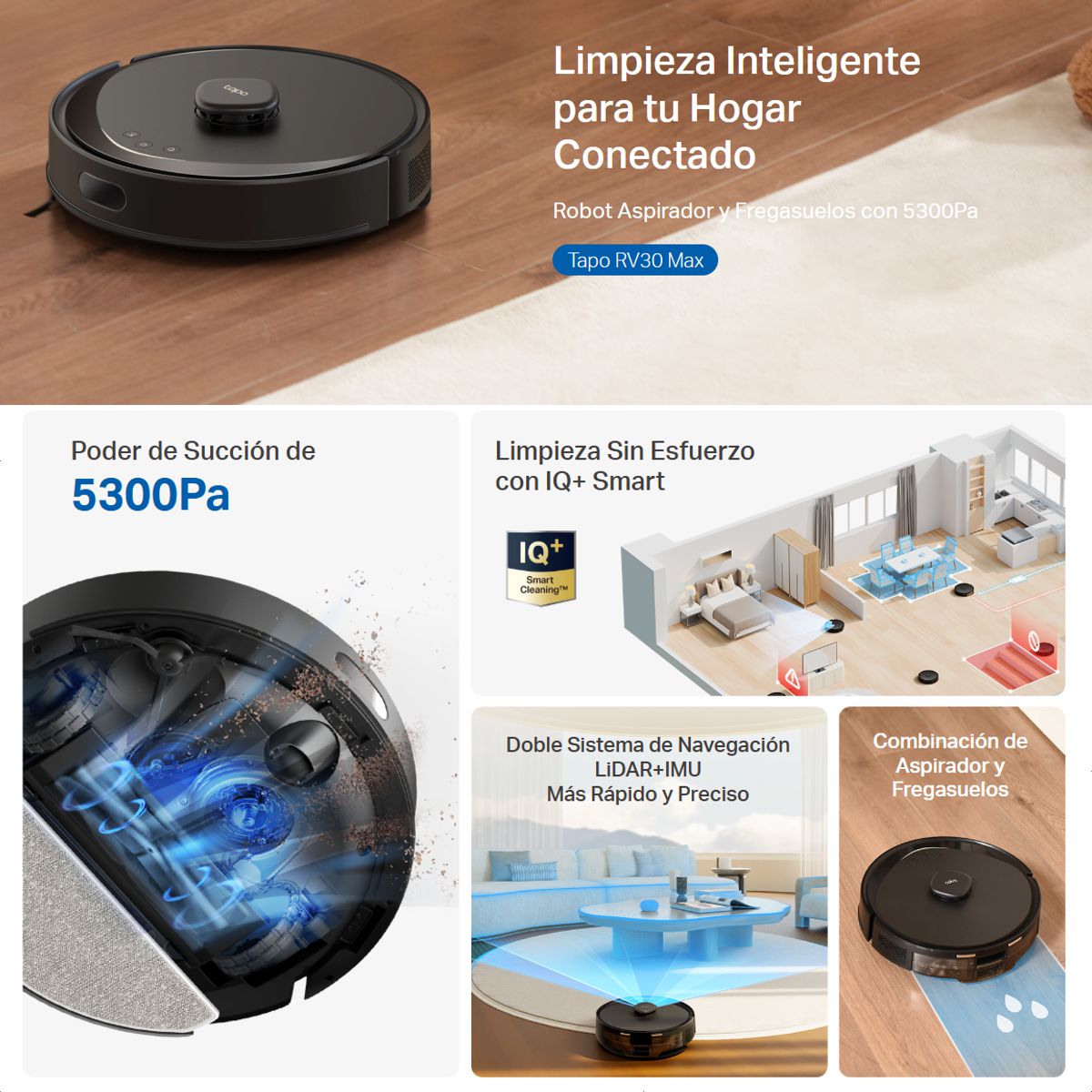 Robot Aspiradora Trapeadora TP-Link Tapo RV30 Max 5300Pa Navegación LiDAR + IMU Control App Alexa Google