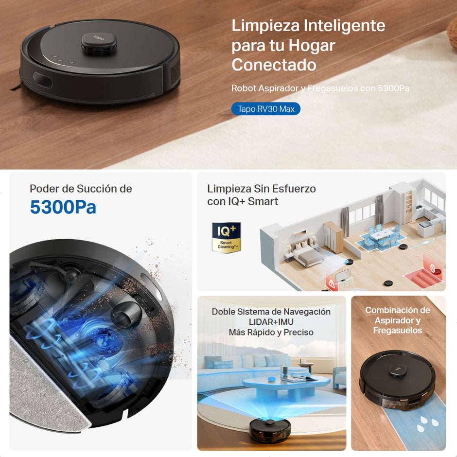 Robot Aspiradora Trapeadora TP-Link Tapo RV30 Max 5300Pa Navegación LiDAR + IMU Control App Alexa Google