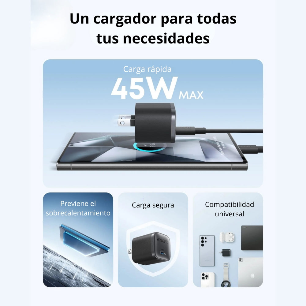 Cargador Anker Nano Carga Rapida de 45w, Entrada Usb-c, Negro