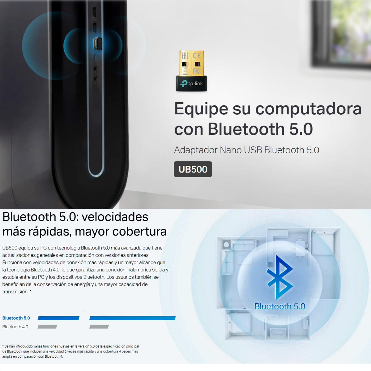 Adaptador Nano USB Bluetooth Versión 5.0, TP-Link UB500