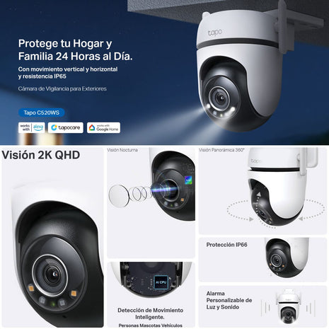 Cámara WiFi TP-Link Tapo C520WS 360° 2K QHD para Exteriores con Visión Nocturna a Color y Detección IA Avanzada