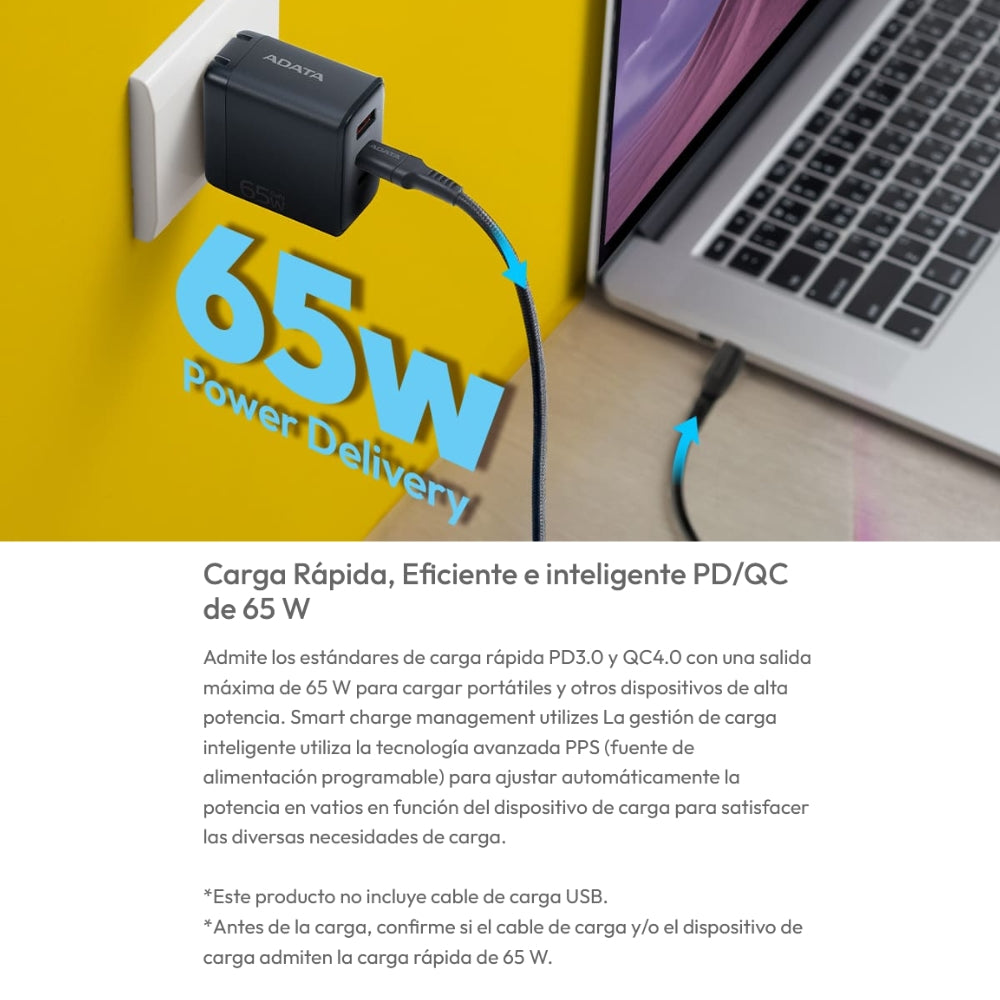 Cargador De Pared Adata Gan 65w 2 En 1 con Cable USB-C de 2m, 100w