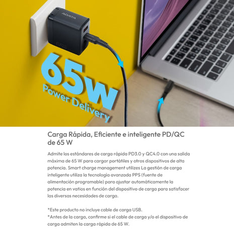 Cargador De Pared Adata Gan 65w 2 En 1 con Cable USB-C de 2m, 100w