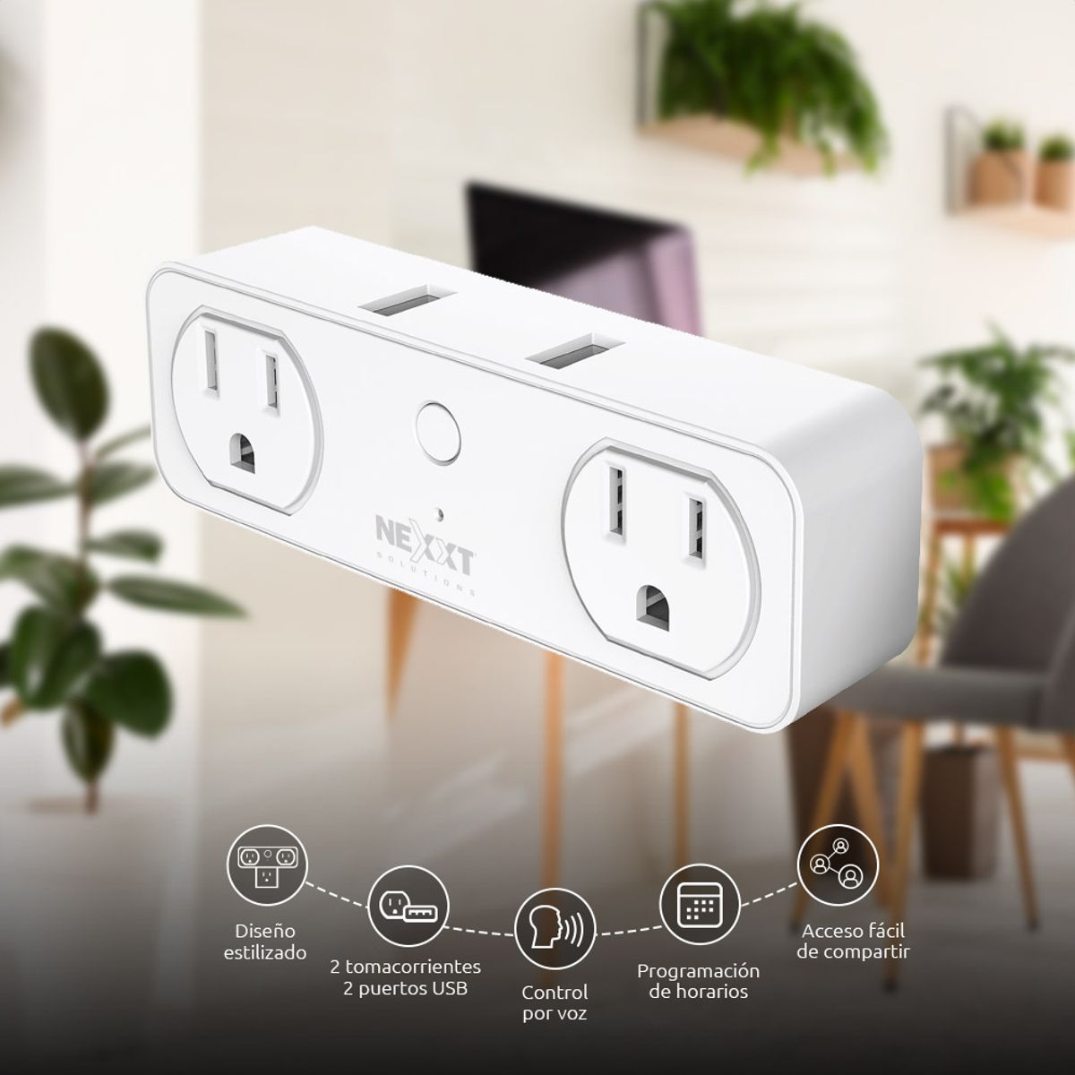 Enchufe Inteligente Nexxt NHP-D610 WiFi 2 Tomas 2 USB App Alexa Google Assistant Sobretensión