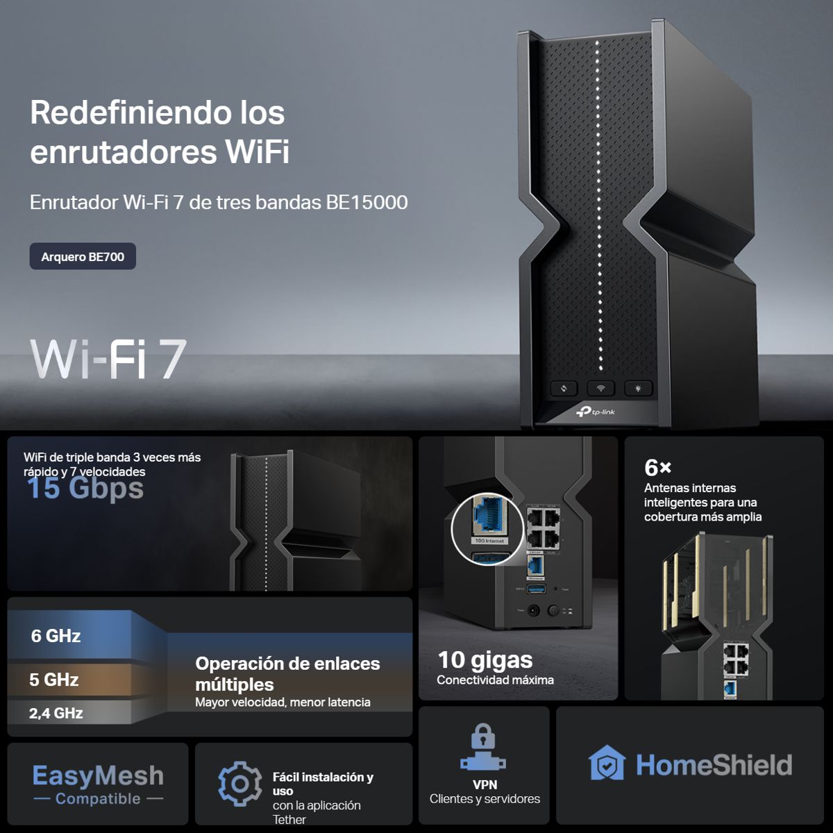 Router Wifi 7 BE15000 TP-Link Archer BE700, 15Gbps, puerto WAN 10 Gbps, puerto LAN 2.5 Gbps, EasyMesh y HomeShield