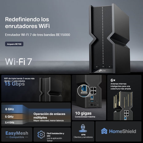 Router Wifi 7 BE15000 TP-Link Archer BE700, 15Gbps, puerto WAN 10 Gbps, puerto LAN 2.5 Gbps, EasyMesh y HomeShield