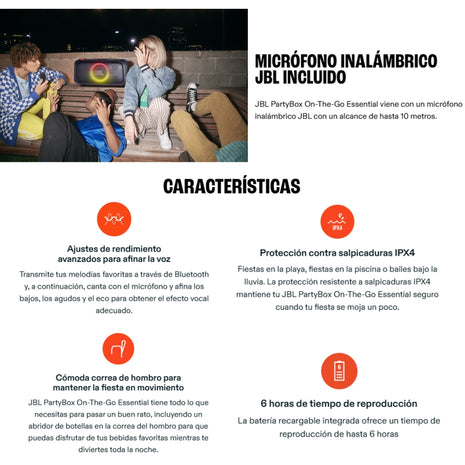 Altavoz Portátil JBL PartyBox On-the-Go Essential para Fiestas con Luces y Micrófono Inalámbrico