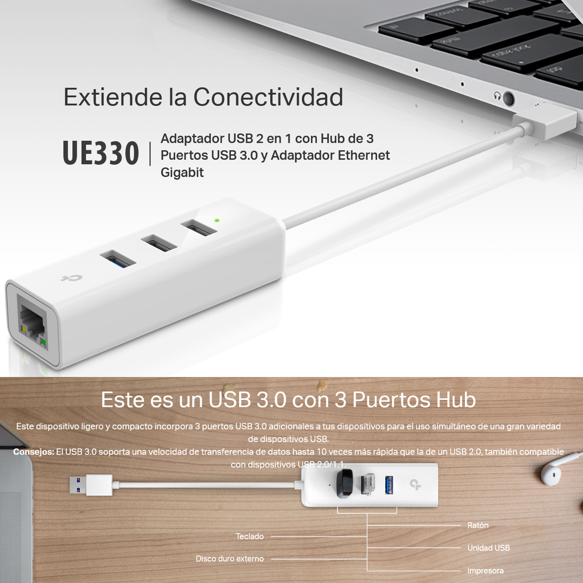 Hub Usb 3.0 2en1: 3 Usb + 1 Ethernet Gigabit, Tp-link Ue330