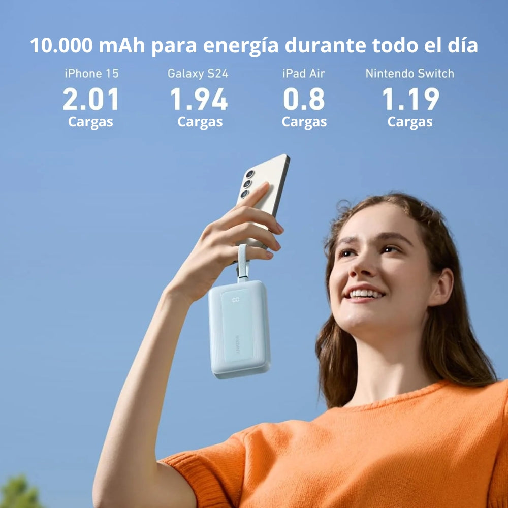 Batería Power Bank Anker Zolo 10000mAh Carga Rápida 30W Cables USB-C + Lightning Integrados iPhone - Negro