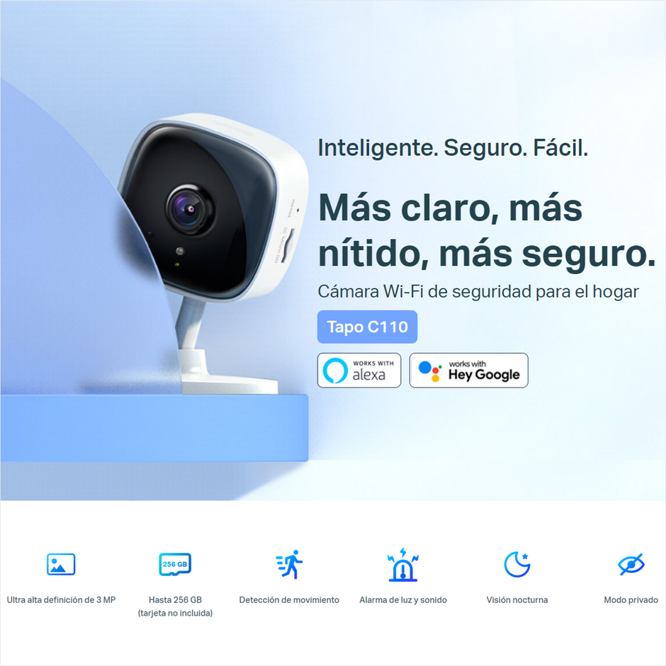 Cámara WiFi TP-Link Tapo C110 2K 3MP Visión Nocturna Alarma con Luz y Sonido + Micro SD 128GB