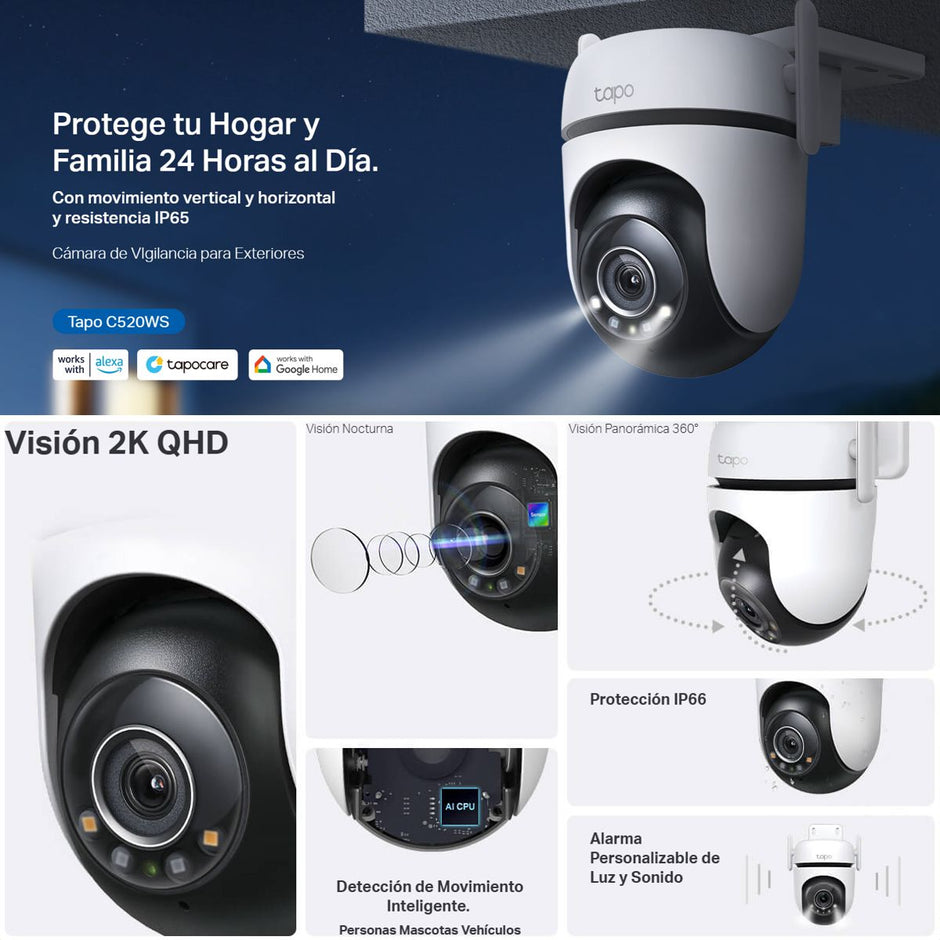 Cámara WiFi TP-Link Tapo C520WS 360° 2K QHD para Exteriores con Visión Nocturna a Color y Detección IA Avanzada + Micro SD 128GB