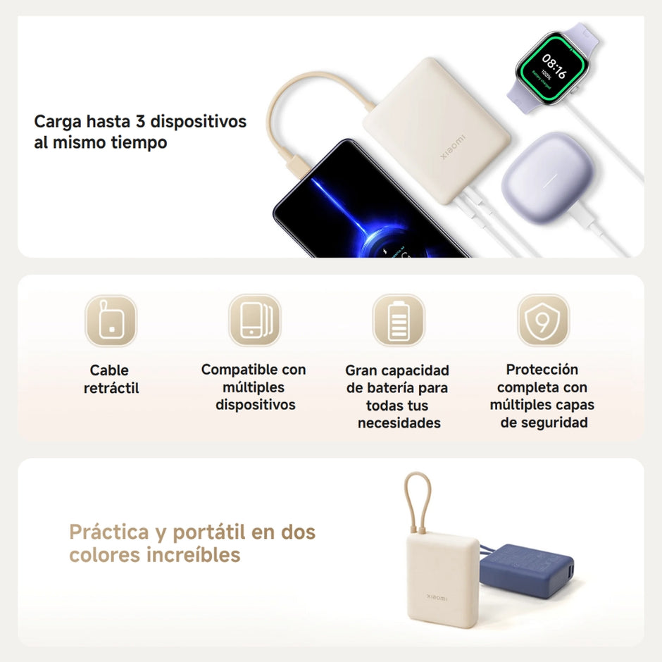 Power Bank Xiaomi 10000mAh 33W con Cable USB‑C Integrado Carga Rápida Diseño Compacto Azul