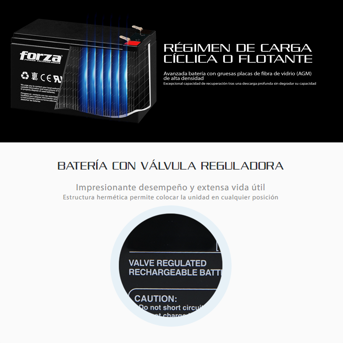 Batería Recargable 12V 7Ah Forza FUB-1270 AGM Sellada para UPS Alarmas y Sistemas de Seguridad