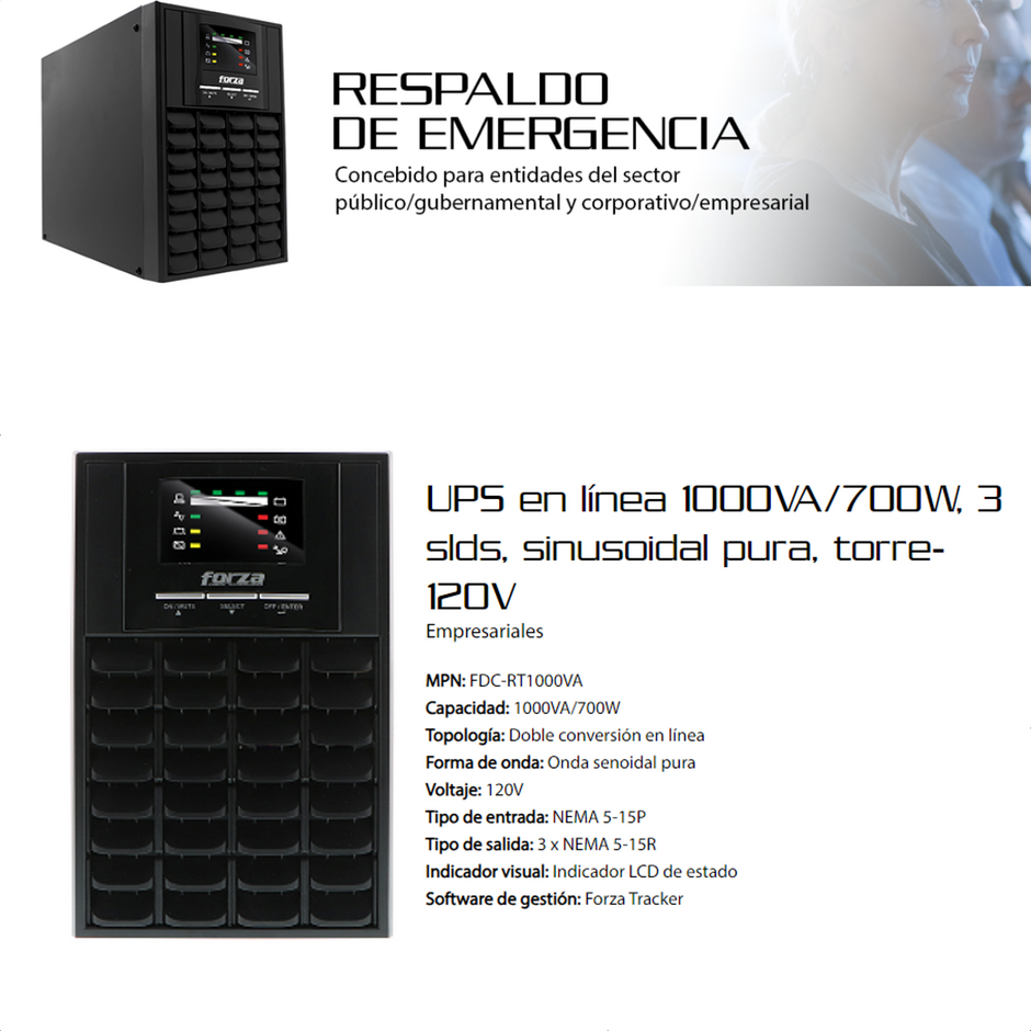 UPS Online Forza FDC-RT1000VA 1000VA 700W Onda Senoidal Pura Doble Conversión 120V