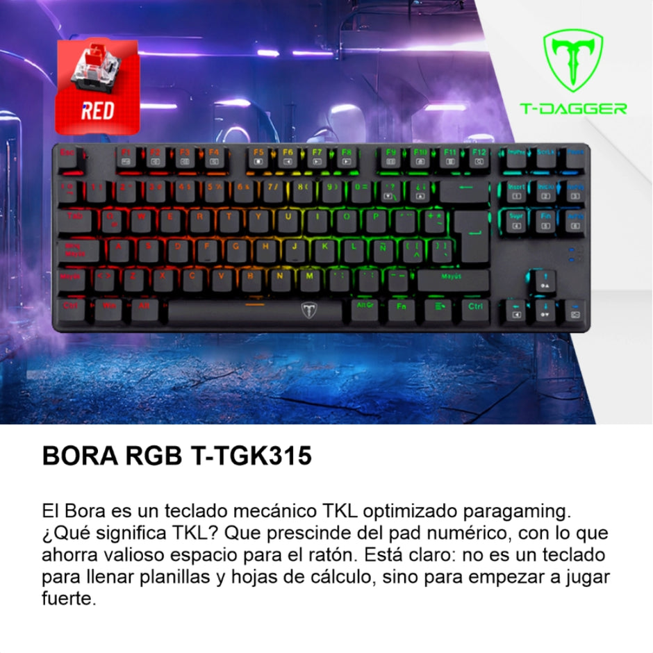 Teclado Gamer Mecanico T-dagger Bora Lite Rainbow con Switch Red, Gris/Negro