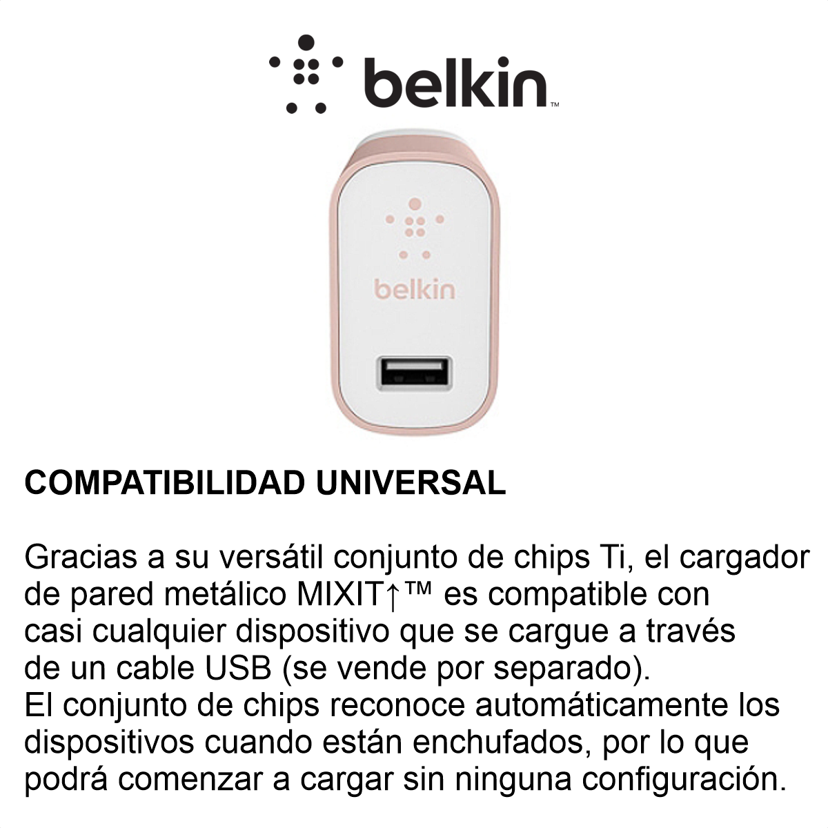 Cargador de Pared Belkin MIXIT Metálico USB-A 2.4A con Carga Rápida para Celular y Tablet