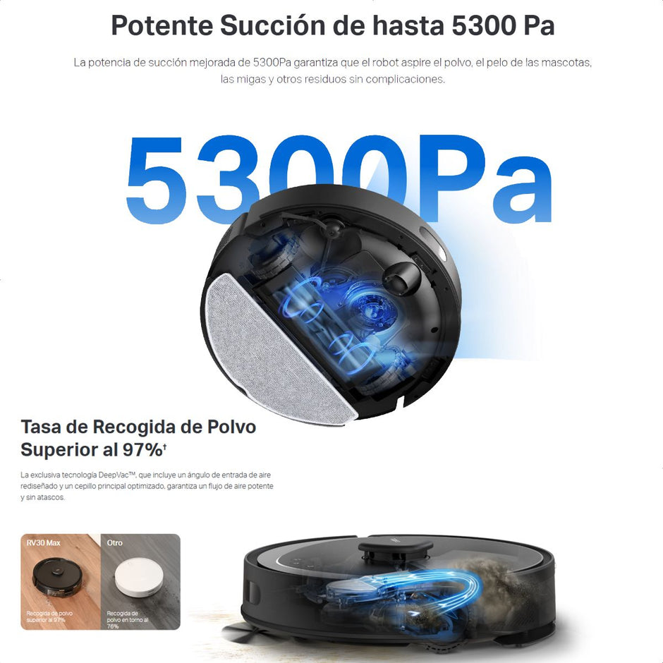 Robot Aspiradora Trapeadora TP-Link Tapo RV30 Max 5300Pa Navegación LiDAR + IMU Control App Alexa Google