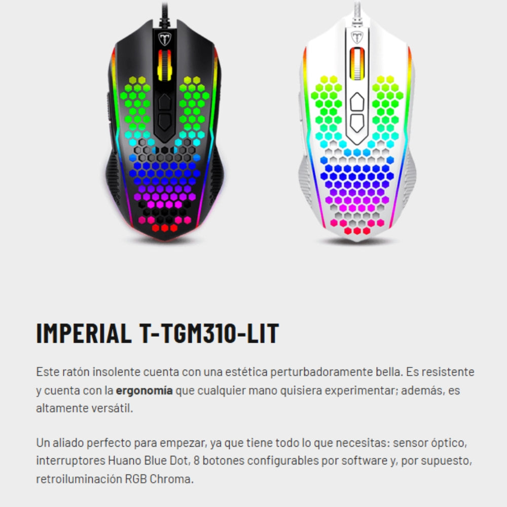 Mouse Gamer T-dagger Imperial Lite, Iluminacion Rgb, 8 Botones Programables, 7200 Dpi Blanco