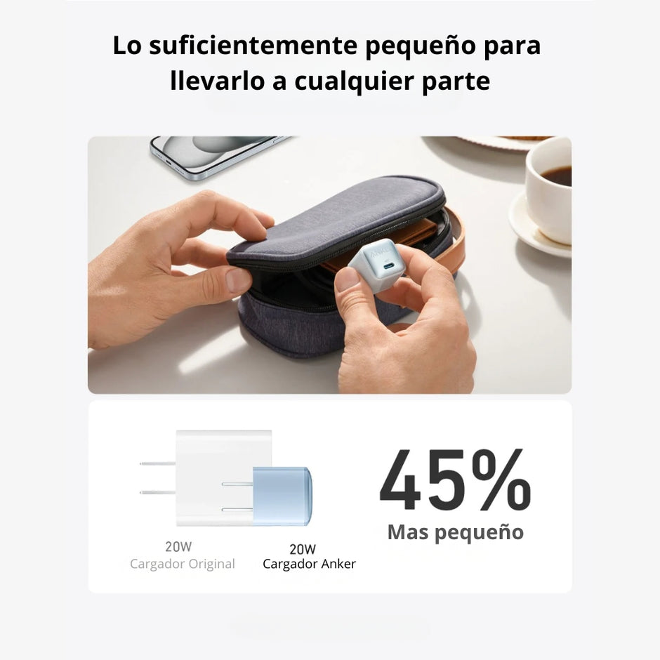 Cargador Anker Nano A2637 USB-C Power Delivery 20W Carga Rápida Compacto para iPhone y Android