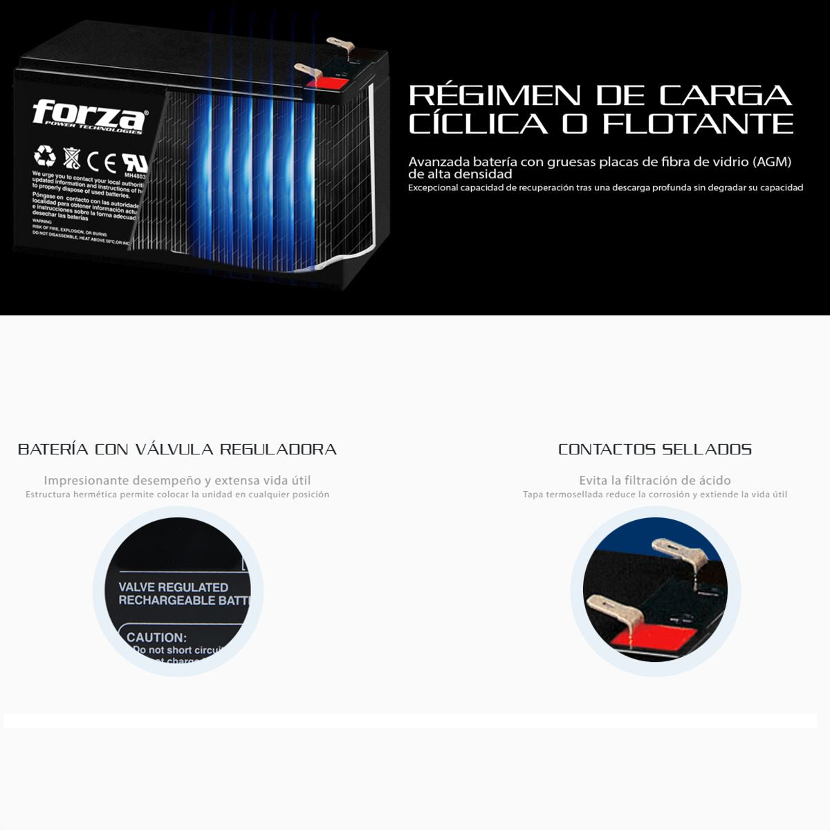 Batería Recargable 12V 9Ah Forza FUB-1290 AGM Sellada para UPS Alarmas y Sistemas de Seguridad
