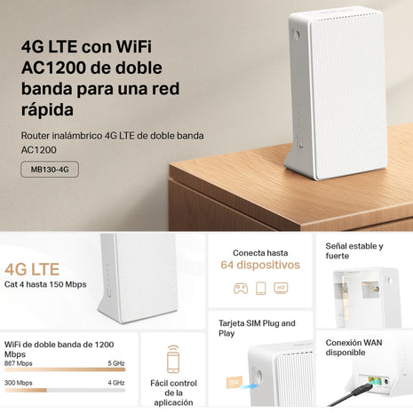 Router Inalámbrico 4G LTE con Sim Card Mercusys MB130-4G Red Wi-Fi hasta 1200Mbps