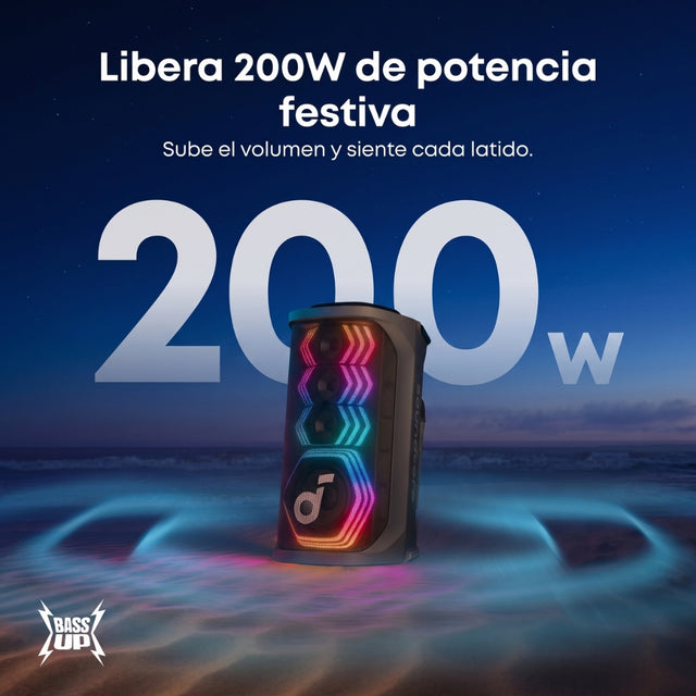 Parlante Bluetooth Portátil Soundcore Rave 3S para Fiestas Luces LED Karaoke IA 2 Mics Sonido 200W