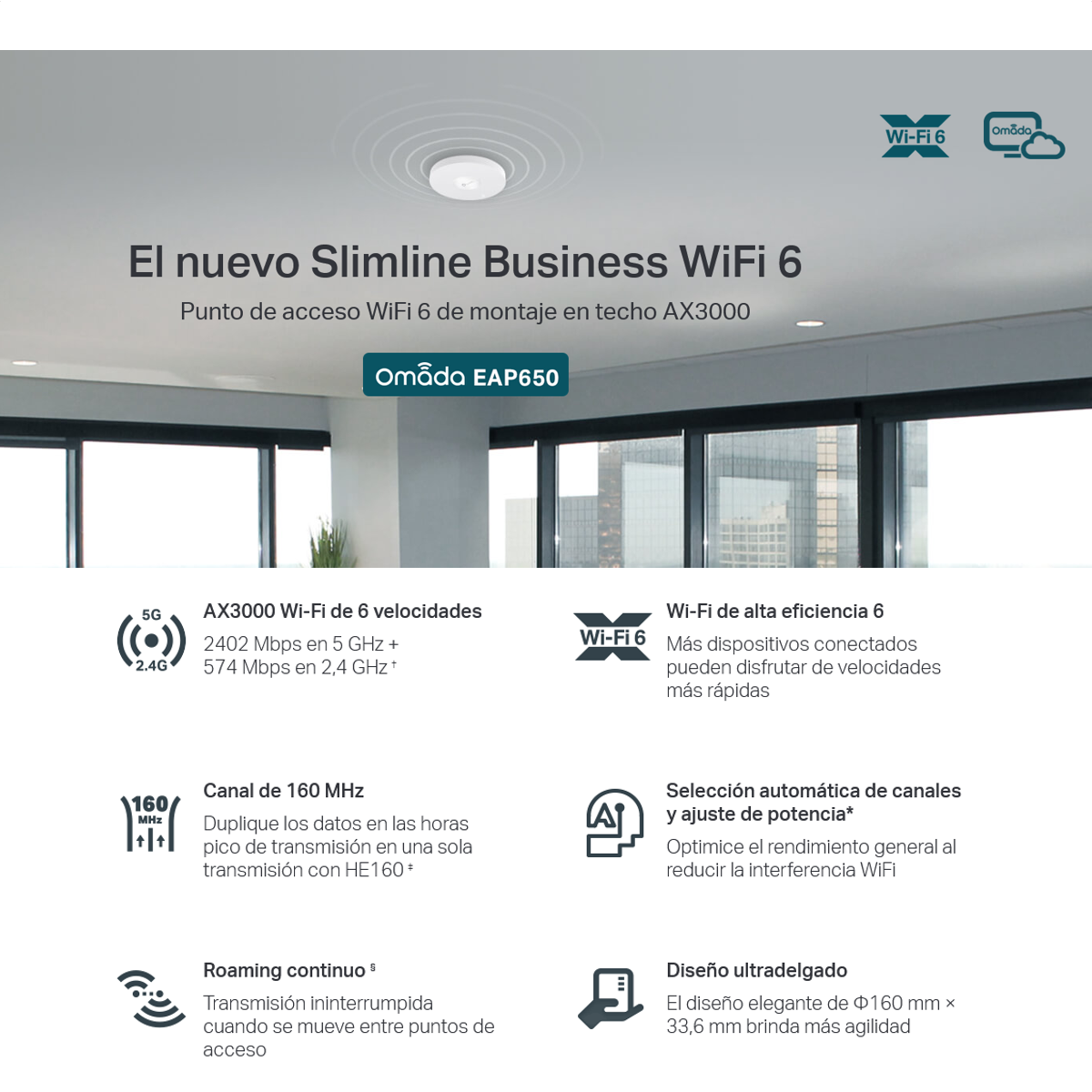 Access Point De Techo Wi-Fi 6 TP-Link EAP650 AX3000 con PoE+, Mesh y Seguridad WPA3
