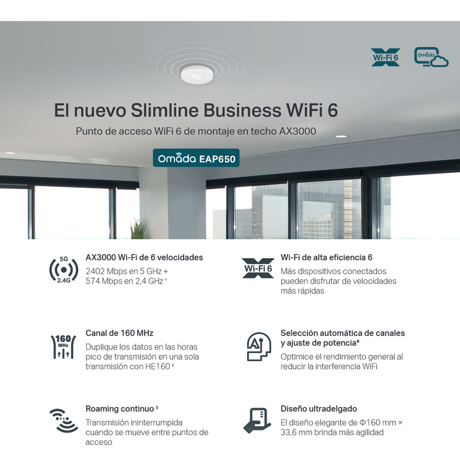 Access Point De Techo Wi-Fi 6 TP-Link EAP650 AX3000 con PoE+, Mesh y Seguridad WPA3