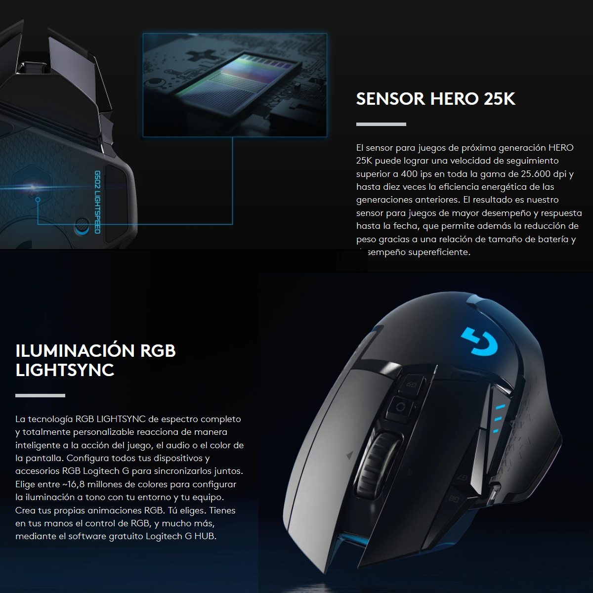Mouse Gamer Inalámbrico Logitech G502 LIGHTSPEED 25600 DPI Sensor HERO 25K RGB LIGHTSYNC - Negro