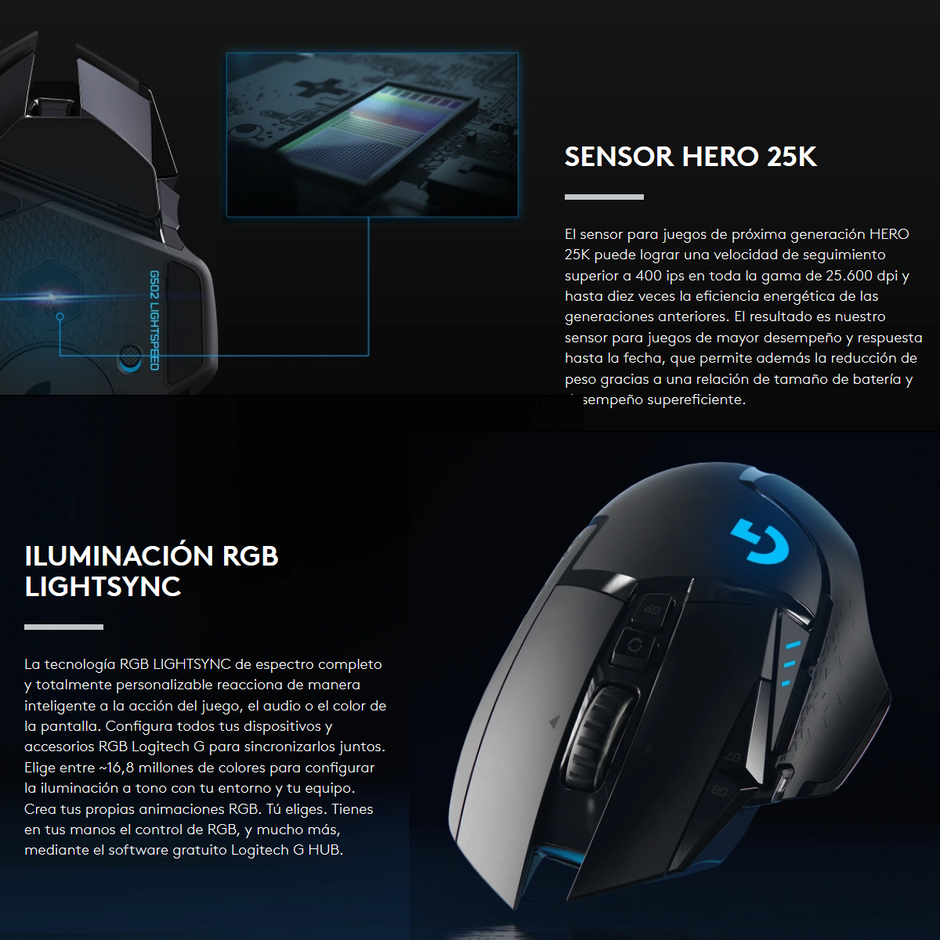 Mouse Gamer Inalámbrico Logitech G502 LIGHTSPEED 25600 DPI Sensor HERO 25K RGB LIGHTSYNC - Negro