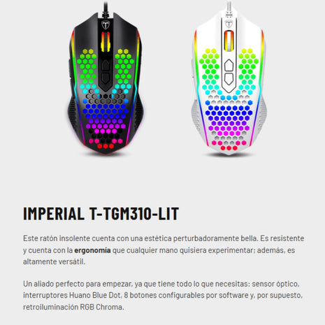 Mouse Gamer T-dagger Imperial Lite, Iluminacion Rgb, 8 Botones Programables, 7200 Dpi Negro