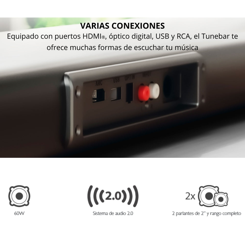 Barra de Sonido Klip Xtreme Tunebar 60W RMS Bluetooth USB HDMI ARC Óptico Digital RCA + Control Remoto