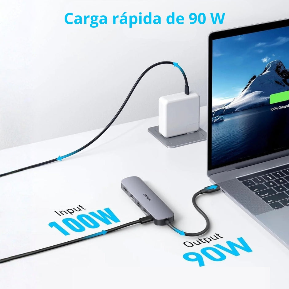 Hub USB-C Anker 5 en 1 con HDMI 4K, USB-A 3.0, 2 USB-A 2.0 y Power Delivery 90W Gris