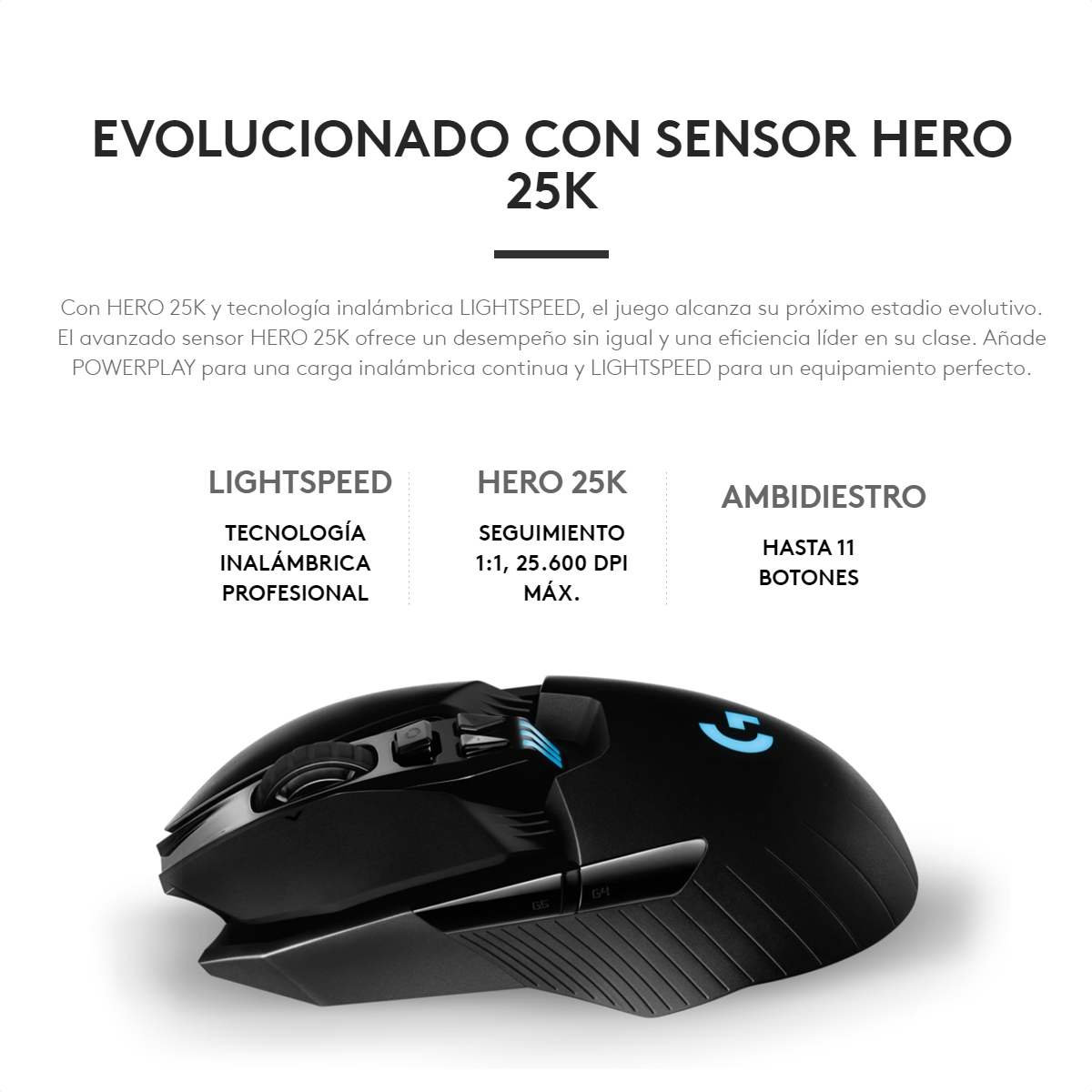 Mouse Gamer Inalámbrico LIGHTSPEED Logitech G903 Sensor HERO 25K Ambidiestro - Negro