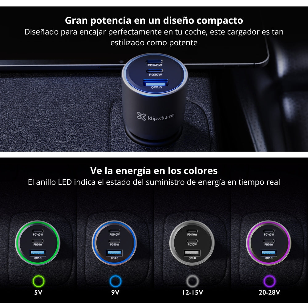 Cargador De Carro KlipXtreme PowerCar KCC-140, 3 Puertos (2 USB-C, 1 USB-A), 140W, Negro