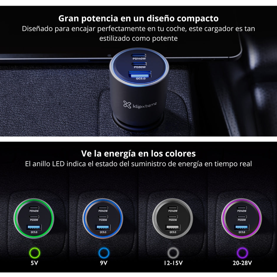 Cargador De Carro KlipXtreme PowerCar KCC-140, 3 Puertos (2 USB-C, 1 USB-A), 140W, Negro