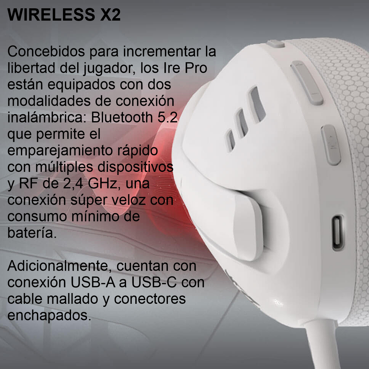 Diadema Gamer Inalámbrica Redragon Ire Pro H848 Bluetooth 2.4GHz USB Micrófono Desmontable PC PS5 - Gris