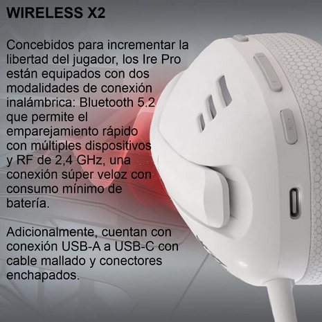Redragon H848 IRE PRO Wireless 7.1 Diadema Gamer 2.4gz/bt/3.5mm, Blanco/Gris