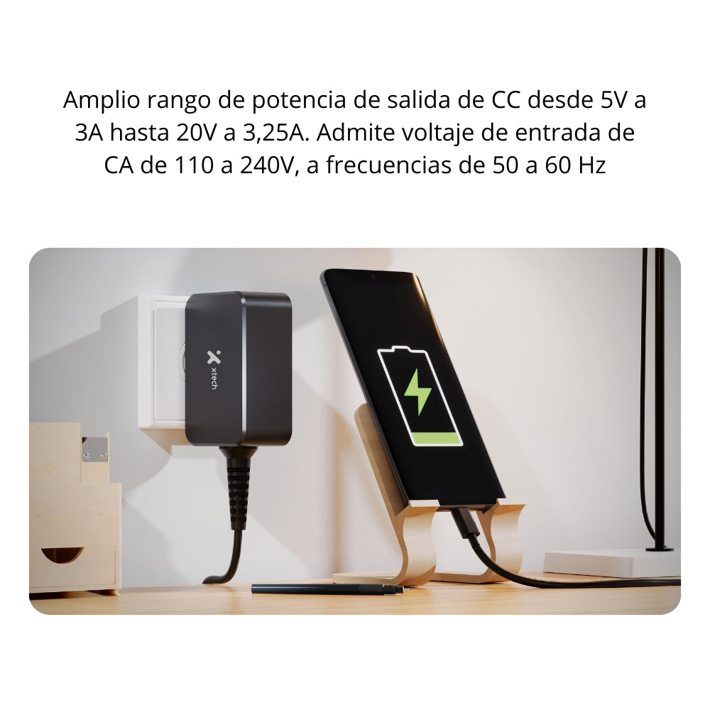 Cargador Laptop Xtech XTC-230 Adaptador Corriente GaN 65W USB-C Carga Rápida Cable 1.8m Celular Tablet