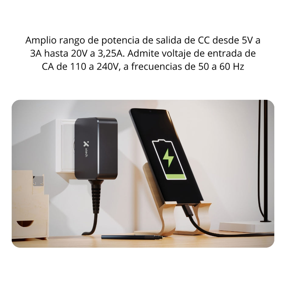 Cargador Laptop Xtech XTC-230 Adaptador Corriente GaN 65W USB-C Carga Rápida Cable 1.8m Celular Tablet