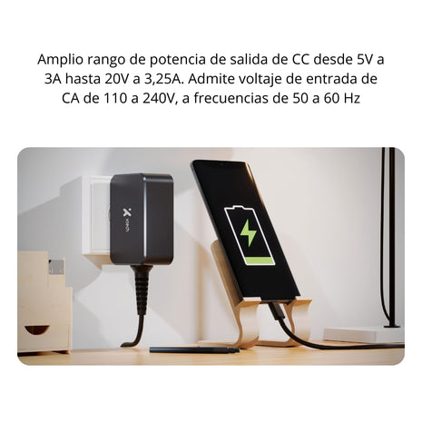 Cargador Laptop Xtech XTC-230 Adaptador Corriente GaN 65W USB-C Carga Rápida Cable 1.8m Celular Tablet