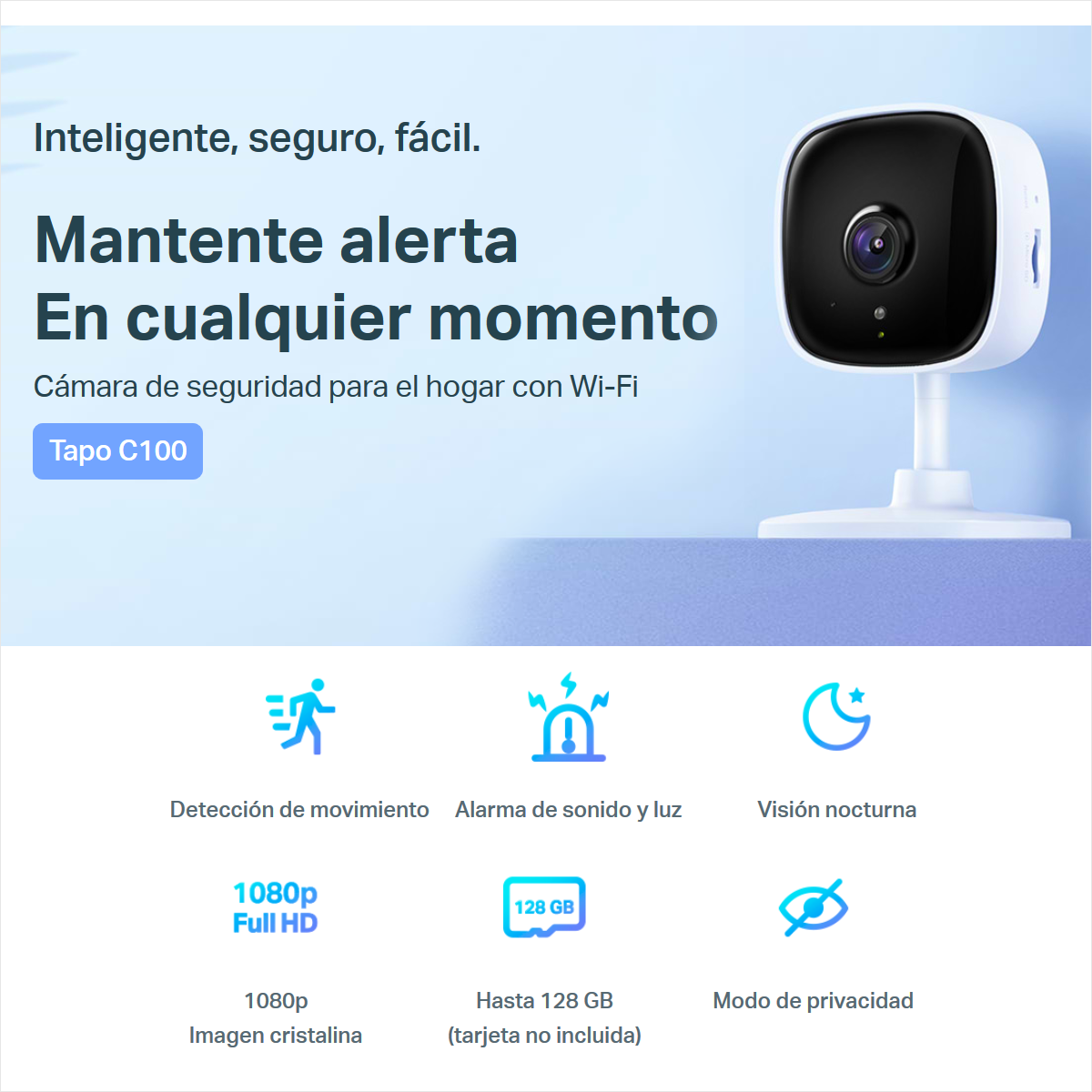 Cámara WiFi TP-Link Tapo C100 Full HD 1080p Visión Nocturna Audio Bidireccional Alarma Sonora + Micro SD 128GB