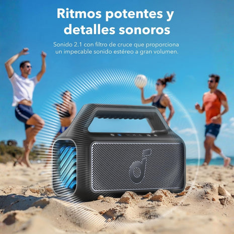 Parlante Bluetooth Soundcore Boom 2 Protección IPX7 Sonido 2.1 80W RMS Batería 24h PowerBank Luces LED