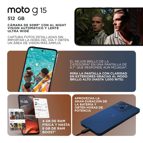 Celular Motorola G15 4G Dual SIM 6.72” FHD+ 512GB/12GB(4+8) 50MP NFC IP54 5200mAh Dolby Atmos - Azul