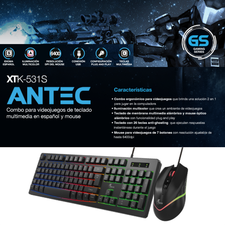 Xtech XTK-531S Combo Gamer Teclado y Mouse USB con Retroiluminación LED y 6400 DPI